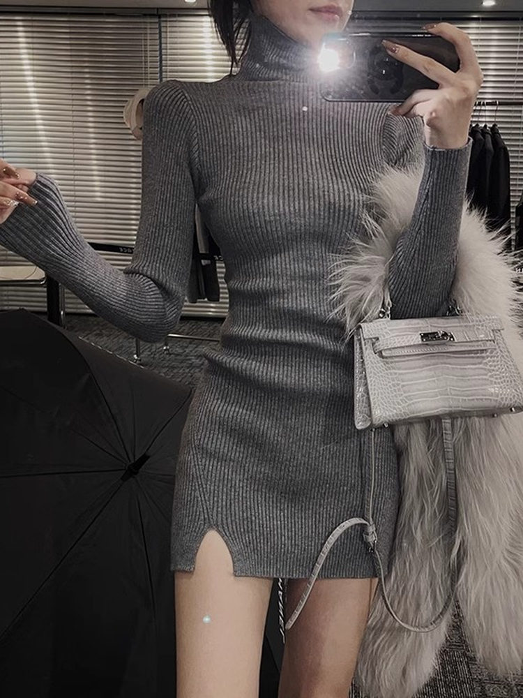 Bodycon Long Sleeve Ribbed Dress - فستان نسائي قصير ضيق من التريكو