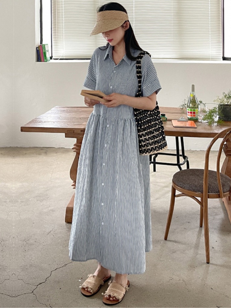 Casual Loose Linen Shirt Dress - فستان قميص نسائي مخطط بتصميم كوري
