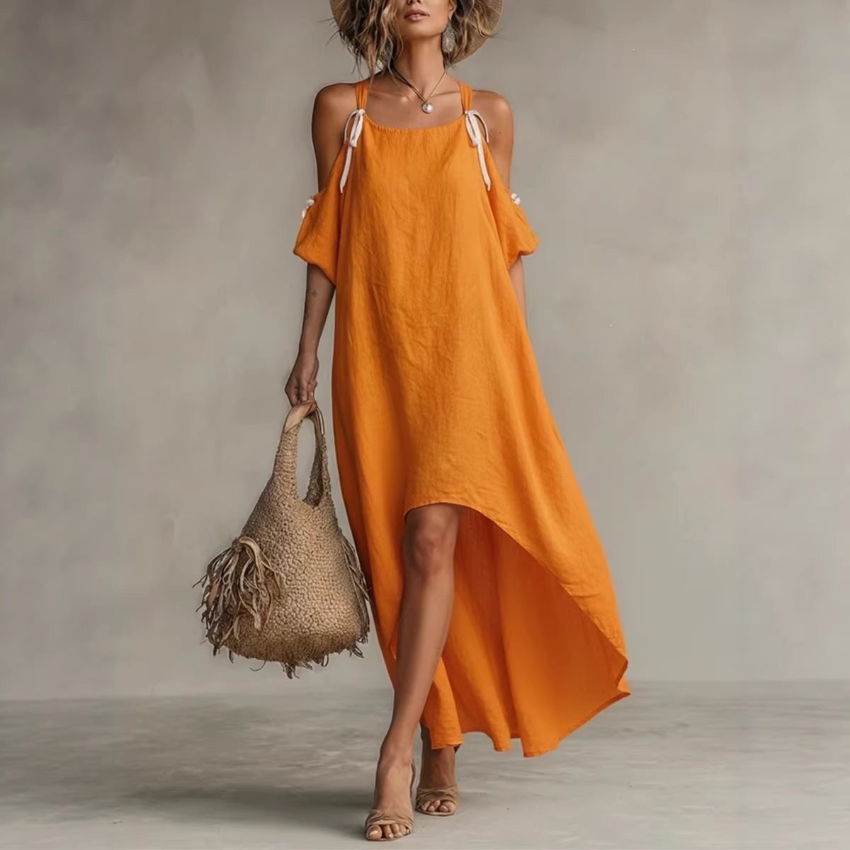 Off Shoulder Puff Sleeve Sundress - فستان صيفي نسائي بأكمام منفوخة وياقة