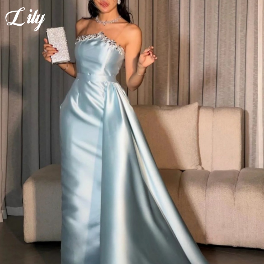 Elegant Satin Evening Gown Split - زنبق الأزرق ثوب رسمي أنيق لامعة