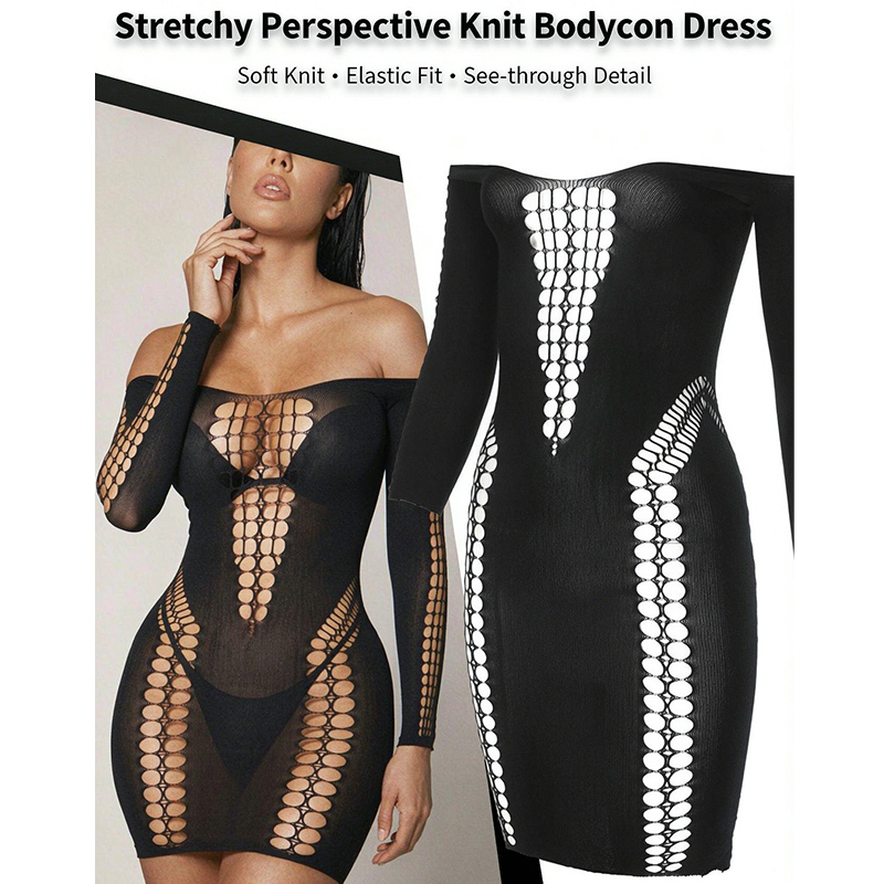Sexy Mesh Sheer Bodycon Dress - فستان شاطئي شفاف بأكمام طويلة للنساء،