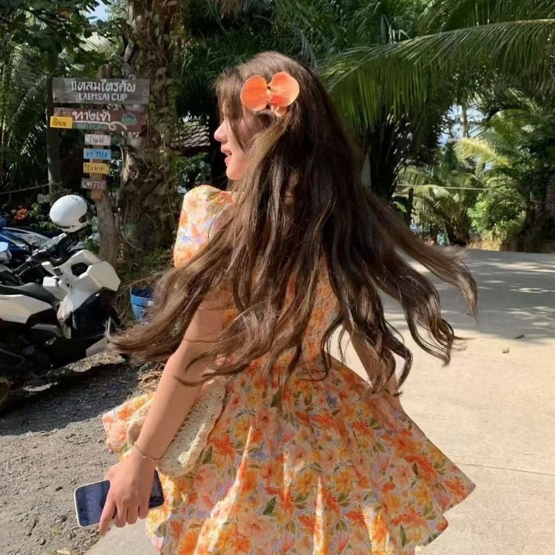 Off Shoulder Puff Sleeve Sundress - فستان صيفي جديد 2026 برتقالي بطبعة