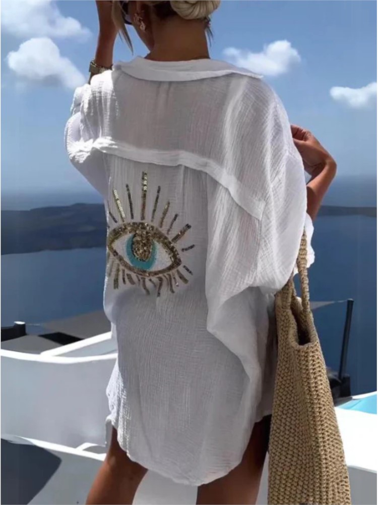 Casual Loose Linen Shirt Dress - فساتين نسائية غير رسمية مرصعة بالترتر