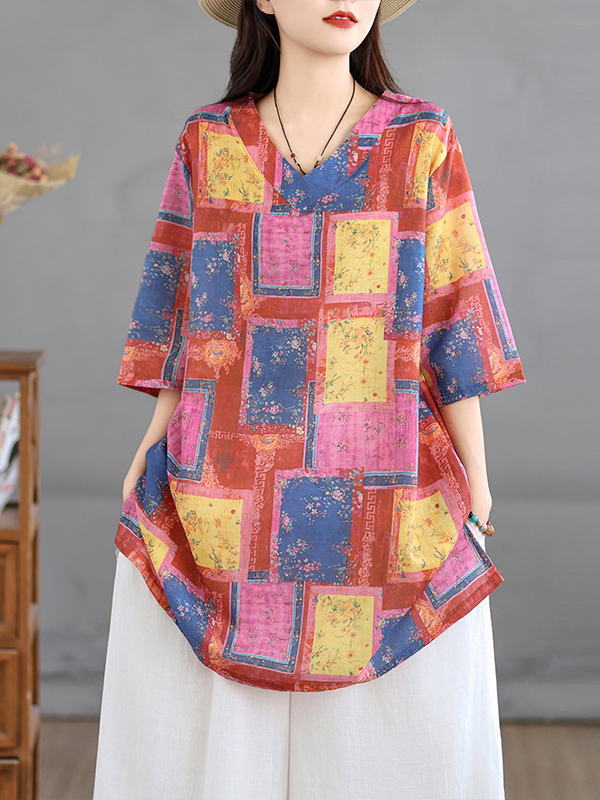 Casual Loose Linen Shirt Dress - بلوزة كاجوال من الكتان المطبوع بتصميم