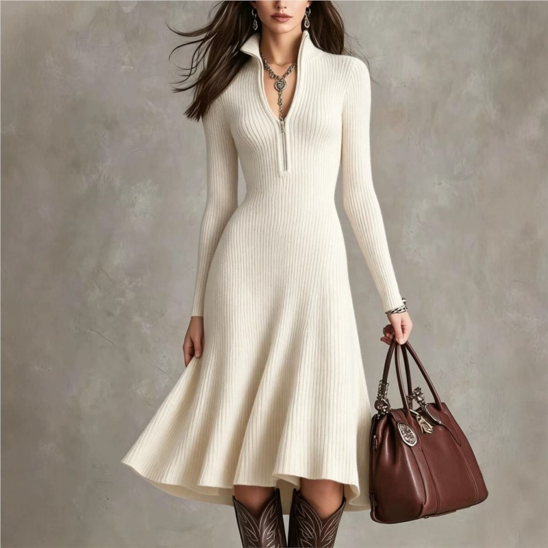 Bodycon Long Sleeve Ribbed Dress - فستان نسائي متوسط الطول من قماش
