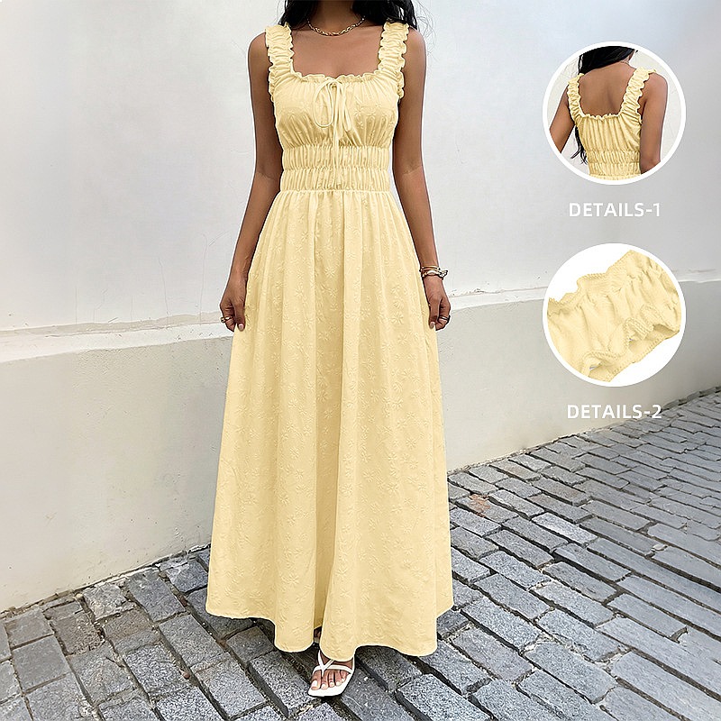 Boho Summer Beach Maxi Dress - فستان صيفي بدون أكمام برقبة مربعة،
