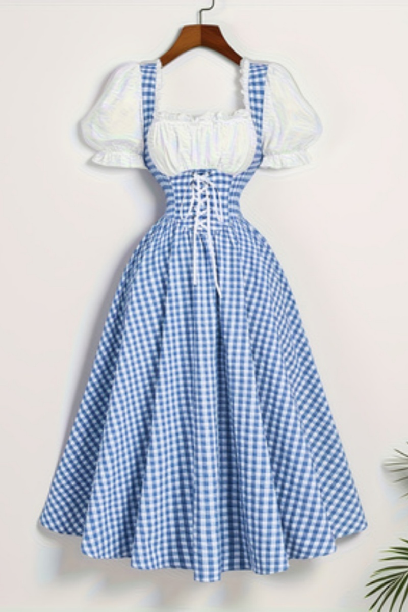 French Vintage Floral Midi Dress - أزياء السيدات الأزرق والأبيض شبكة الربط