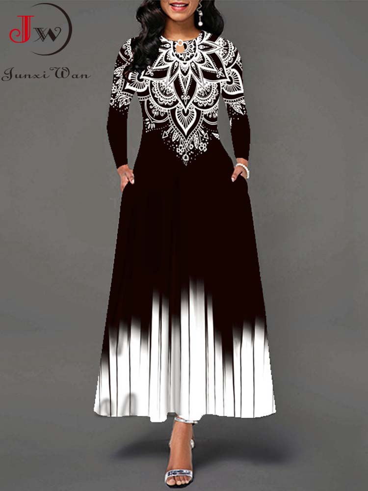Boho Summer Beach Maxi Dress - المرأة طويلة الأكمام الأزهار طباعة فستان