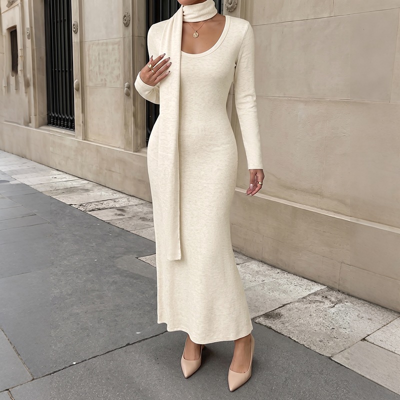 Bodycon Long Sleeve Ribbed Dress - فستان ماكسي أنيق للنساء من قماش