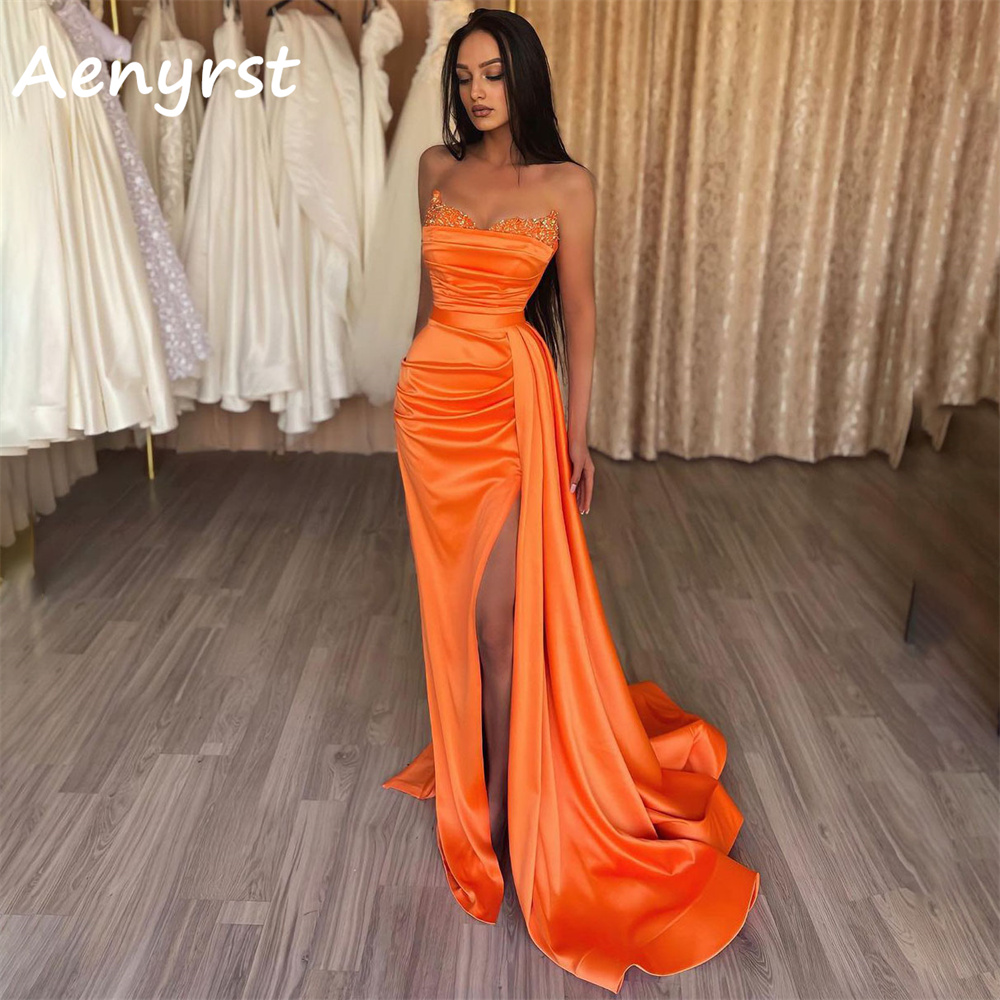 Elegant Satin Evening Gown Split - فساتين سهرة أنيقة بدون حمالات حورية