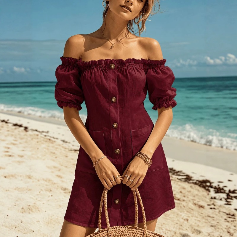 فستان نسائي قصير مكشوف الأكتاف - مراجعة Off Shoulder Puff Sleeve Sundress وسعره