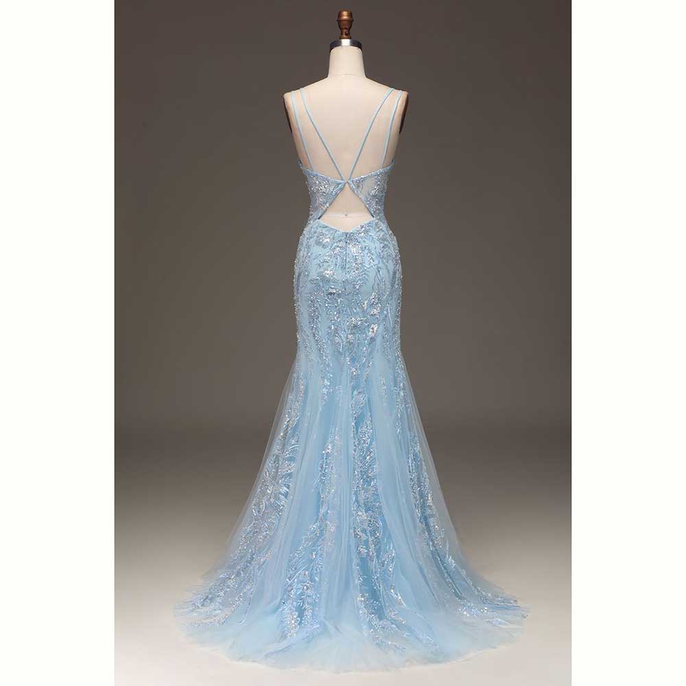 أنيقة الضوء الأزرق الساتان الم - مراجعة Elegant Satin Evening Gown Split وسعره