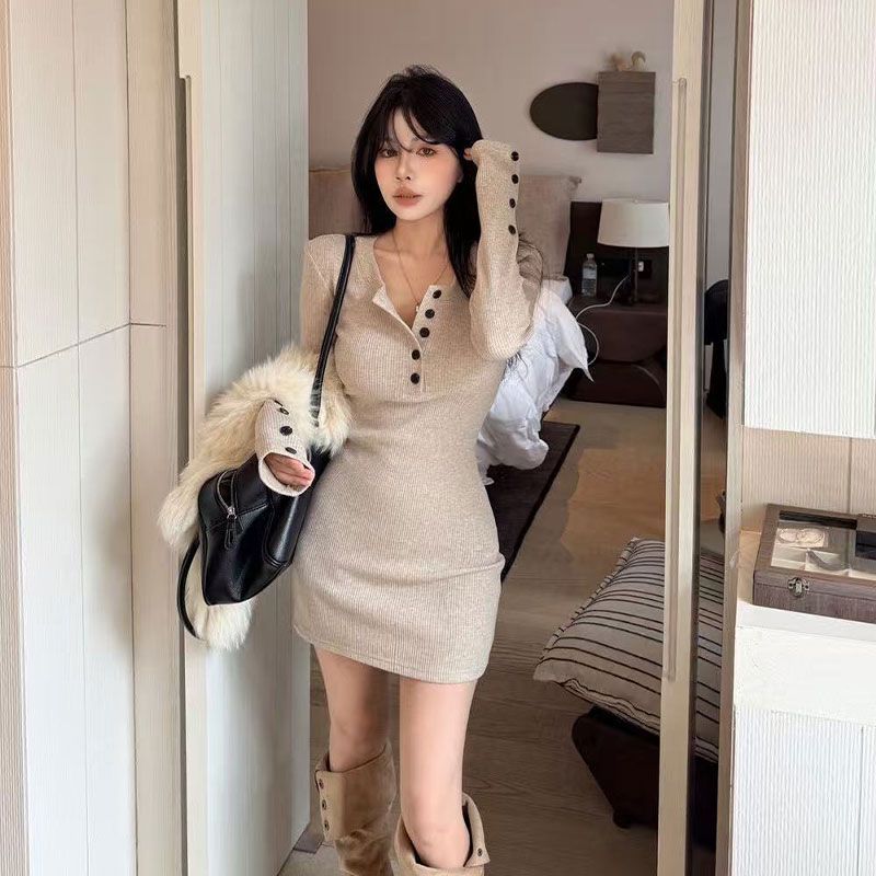 فساتين نسائية ضيقة منسوجة بأسل - مراجعة Bodycon Long Sleeve Ribbed Dress وسعره