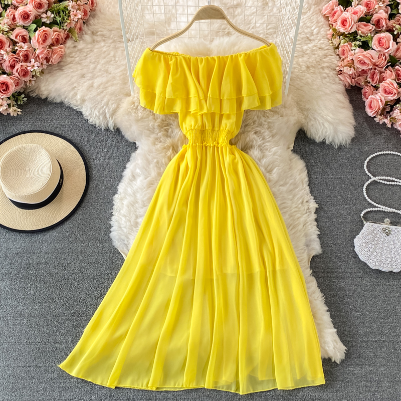 فستان شاطئ شيفون مكشوف الكتفين - مراجعة Off Shoulder Puff Sleeve Sundress وسعره