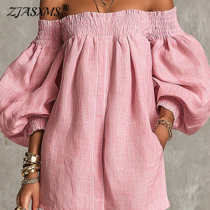 فستان نسائي جديد بلون موحد مكش - مراجعة Off Shoulder Puff Sleeve Sundress وسعره