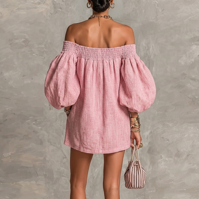 فستان نسائي جديد بلون موحد مكش - مراجعة Off Shoulder Puff Sleeve Sundress وسعره