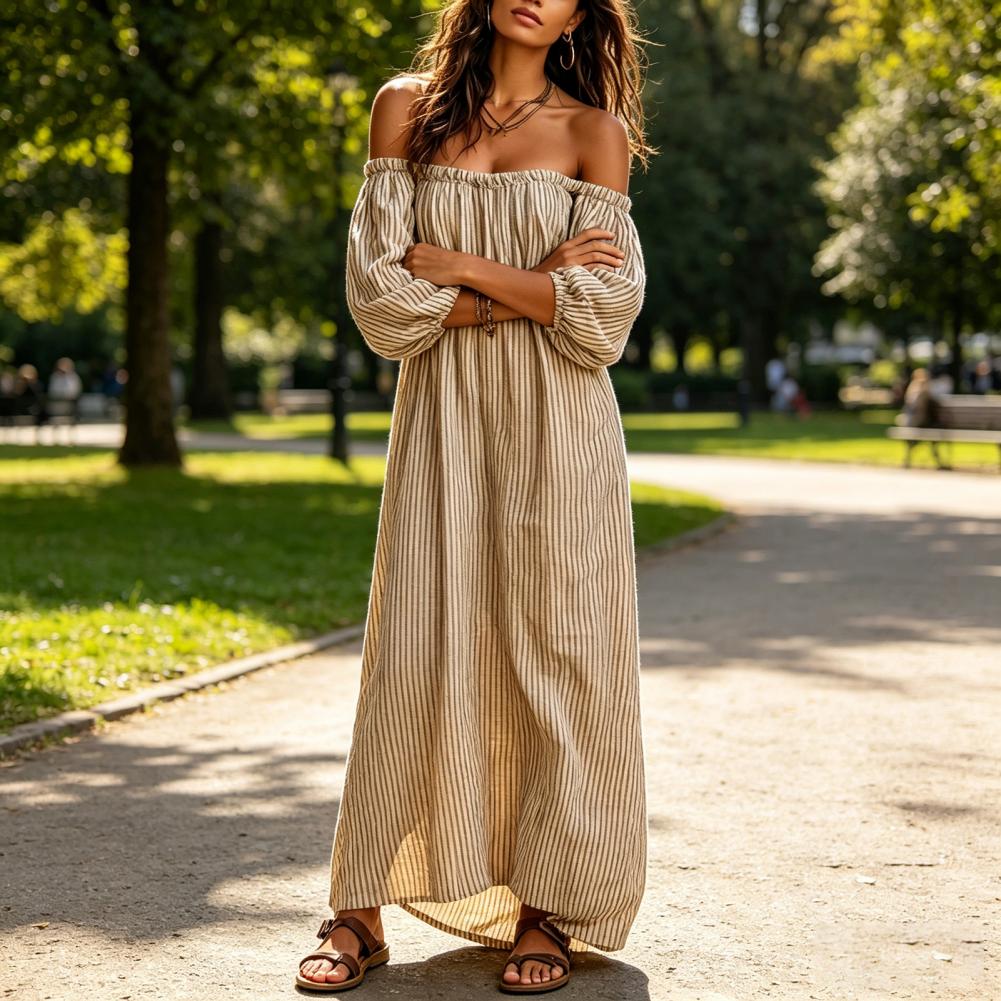 فستان ماكسي نسائي صيفي جديد بك - مراجعة Off Shoulder Puff Sleeve Sundress وسعره