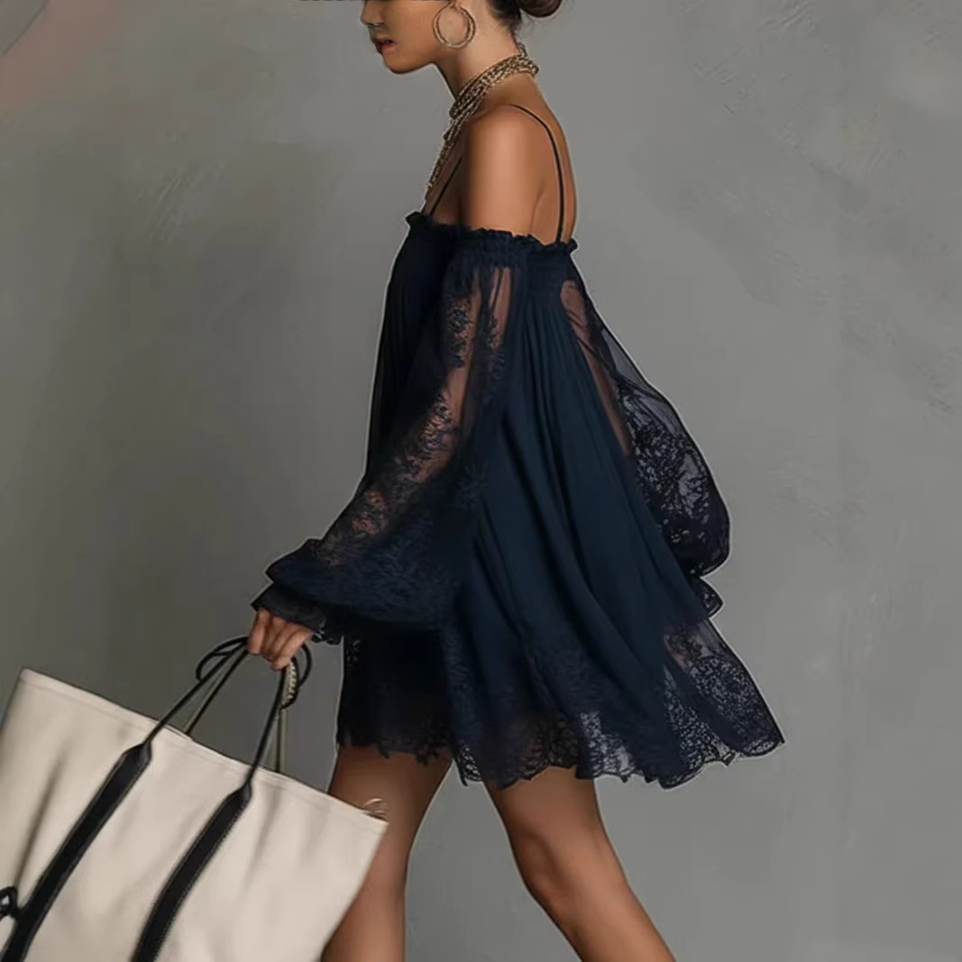 فستان قصير من الدانتيل مكشوف ا - مراجعة Off Shoulder Puff Sleeve Sundress وسعره