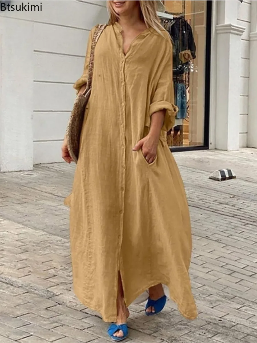 فستان نسائي طويل من القطن والك - مراجعة Casual Loose Linen Shirt Dress وسعره