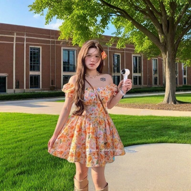فستان صيفي جديد 2026 برتقالي ب - مراجعة Off Shoulder Puff Sleeve Sundress وسعره