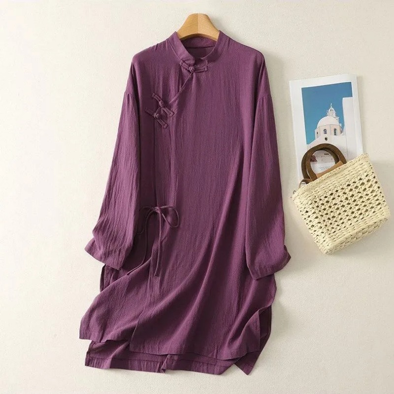 فستان نسائي بتصميم صيني بأزرار - مراجعة Casual Loose Linen Shirt Dress وسعره