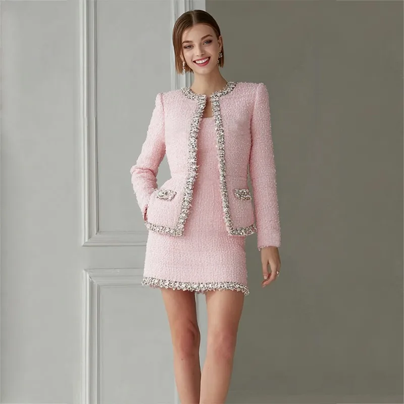 طقم نسائي فاخر من التويد الورد - مراجعة Tweed Two Piece Blazer Dress وسعره