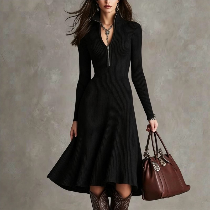 فستان نسائي متوسط الطول من قما - مراجعة Bodycon Long Sleeve Ribbed Dress وسعره