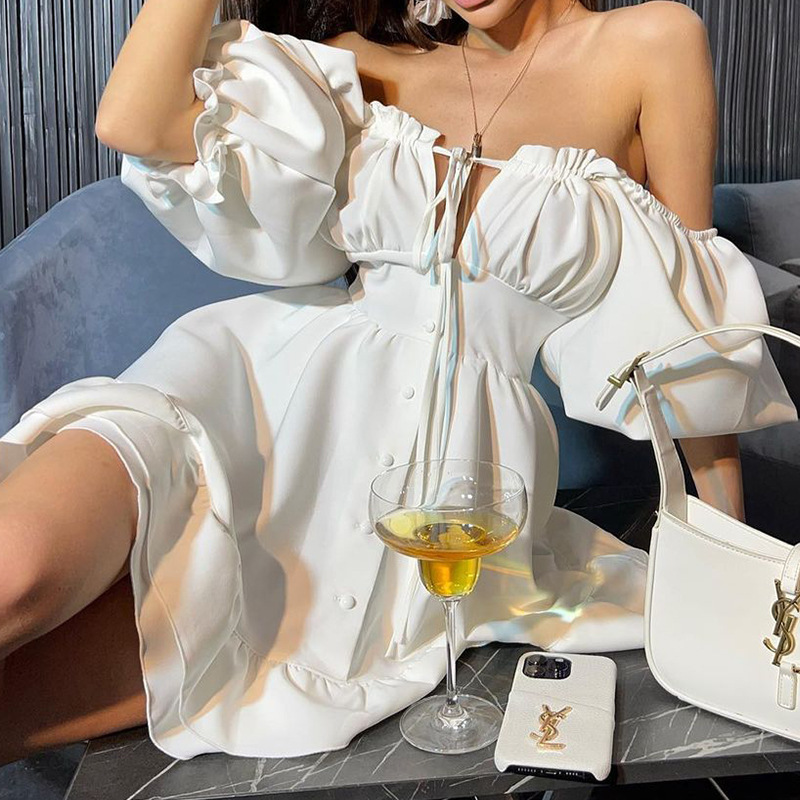 فساتين نسائية قصيرة بدون أكتاف - مراجعة Off Shoulder Puff Sleeve Sundress وسعره