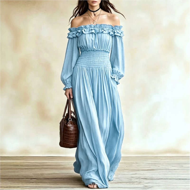 فساتين ماكسي نسائية عصرية بدون - مراجعة Off Shoulder Puff Sleeve Sundress وسعره