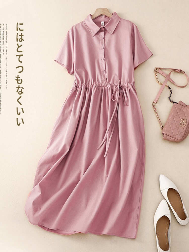 فستان نسائي صيفي أنيق من القطن - مراجعة Korean Style A Line Shirt Dress وسعره