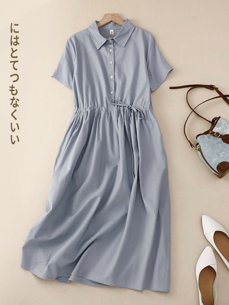 فستان نسائي صيفي أنيق من القطن - مراجعة Korean Style A Line Shirt Dress وسعره