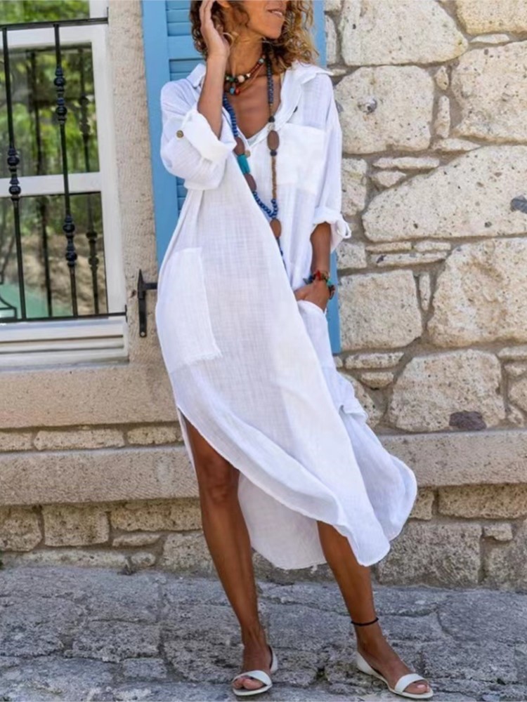 فستان قميص نسائي أبيض بلون ساد - مراجعة Casual Loose Linen Shirt Dress وسعره