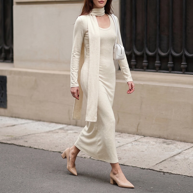فستان ماكسي أنيق للنساء من قما - مراجعة Bodycon Long Sleeve Ribbed Dress وسعره